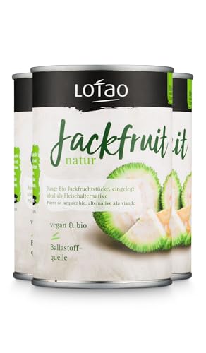 LOTAO Bio Jackfruit Natur: Junge Jackfrucht-Stücke in der Dose 3x400g | Veganer Fleischersatz: Frisch, natürlich und ohne Zusatzstoffe oder Soja | Ideal für vegane Rouladen, Gulasch, Curry und Co. von Lotao