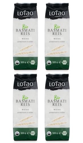 Lotao Bio Basmati Reis (4x 500g), Weiß: nachhaltig + hochwertig, kaum Fett | leicht erdiges Aroma, vielseitig verwendbar - ideal für herzhafte Gerichte und Reispfannen (4x 500 g Basmatireis weiß) von Lotao