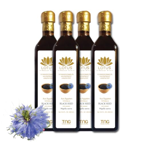 Lotus Shop® Ägyptisches Schwarzkümmelöl [100% naturbelassen] - Schwarzkümmelöl (Reich an Antioxidantien) - Mit wertvollen ungesättigten Fettsäuren - 500ml (4er Pack) von Lotus Shop