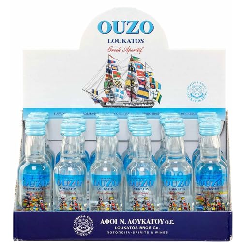 Ouzo Loukatos 24x 50ml Packung 38% Vol. | Milder Ouzo aus Patras | Ouzo Party Box von Loukatos