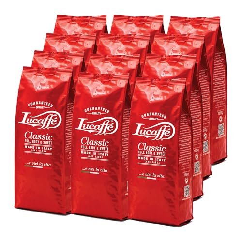 Lucaffé - Kaffeebohnen Classic, 12 Packungen zu 1 kg | Kaffee aus ganzen Bohnen für cremigen Espresso | Mittlere Röstung | Süßer und vollmundiger Geschmack | Feines und schokoladiges Aroma von Lucaffé