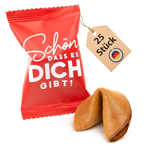 Lucky Treats - 25x Premium Glückskekse einzeln verpackt - Schön, dass es dich gibt - Vegan & Regional - Sprüche auf Deutsch und Englisch - Karamellzucker-Zimt Geschmack von Lucky Treats