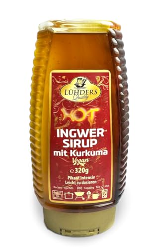 Hot Ingwer Sirup mit Kurkuma von Lühders Quality 320g – Vegan, intensiver Geschmack, ideal für Tee, Limo, Desserts, Backen, Kochen und BBQ, leicht zu dosieren, perfekt für würzige Getränke und Speisen von Lühders Quality