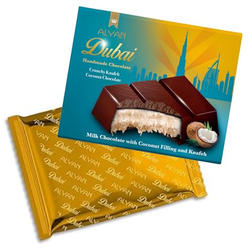 Alyan 100g Dubai Schokolade Kokosnuss Original mit Engelshaar Kadayıf, Milchschokolade gefüllt mit Kokosnusscreme und Teigfäden, Premium Handgemachte Schokolade Geschenk, 1 Tafel x 100g von Luna