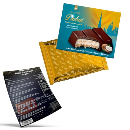 Alyan 400g Dubai Schokolade Kokosnuss Original mit Engelshaar Kadayıf, Milchschokolade gefüllt mit Kokosnusscreme und Teigfäden, Premium Handgemachte Schokolade Geschenk, 4 Tafel x 100g von Luna