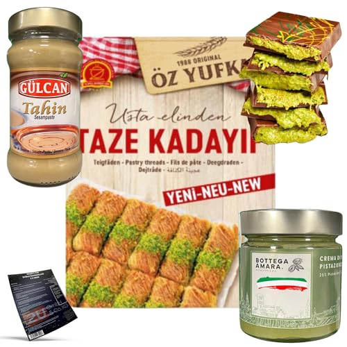 Dubai Schokolade mit Rezept zum selbst machen Bundle inkl. 2x Schokoladenformen aus Silikon mit Teigschaber, Kadayif 400g, Pistaziencreme 200g, Sesampaste 300g | Pistaziengehalt 25% (Bundle 1) von Luna