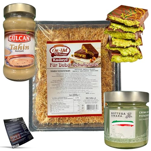 Dubai Schokolade zum selbst machen inkl. Kadayif 400g, Pistaziencreme 200g, Sesampaste 300g & Rezept | Pistaziengehalt 25% | Türkische Engelshaar Teigfäden (Bundle 3) von Luna