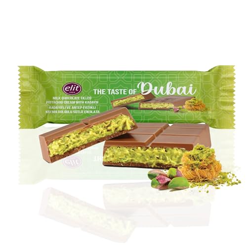 Elit "The Taste of Dubai" - Dubai schokolade Pistazie Original, Milchschokolade gefüllt mit Pistaziencreme und Engelshaar Kadayif + Rezept® zum selbstmachen (24x30g) von Luna