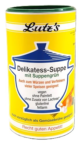 Delikatess-Suppe mit Suppengrün (900g Dose) 45 Liter Gemüse Brühe als Universal-Würzmittel für alle Speisen- geeignet vegan **NEU OHNE PALMFETT** glutenfrei ohne Zusatz von Laktose fettarm von Lutz's