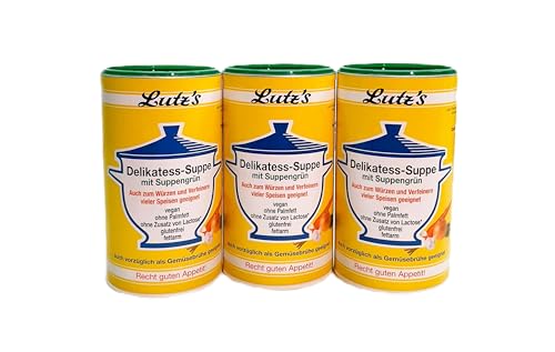 Delikatess-Suppe mit Suppengrün 3X(900g Dose) 45 Liter Gemüse Brühe als Universal-Würzmittel für alle Speisen- geeignet vegan **NEU OHNE PALMFETT** glutenfrei ohne Zusatz von Laktose fettarm von Lutz's