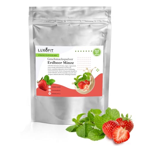 Luxofit Erdbeer Minze Geschmackspulver 300 g Strong Flavour Mix Getränkearoma Pulver Geschmacksintensive Backzutat Natürlich und Zuckerfreies Pulver, Veganer Geschmacksverstärker von luxofit