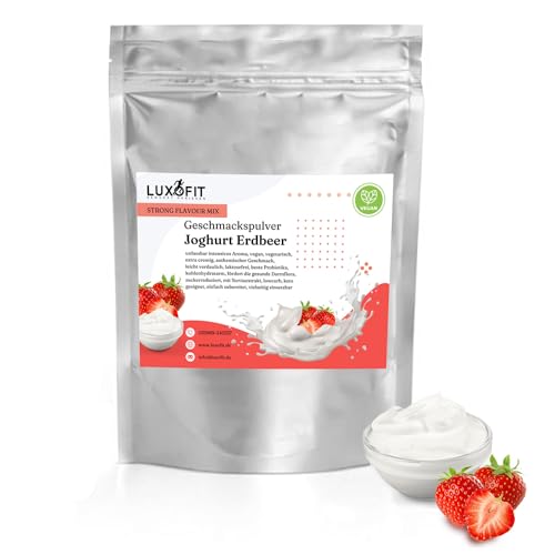 Luxofit Joghurt Erdbeer Geschmackspulver 300 g Strong Flavour Mix Getränkearoma Pulver Geschmacksintensive Backzutat Natürlich und Zuckerfreies Pulver, Veganer Geschmacksverstärker von luxofit