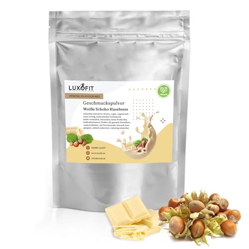 Luxofit Weiße Schokolade Haselnuss Geschmackspulver 300 g Strong Flavour Mix Getränkearoma Pulver Geschmacksintensive Backzutat Natürlich und Zuckerfreies Pulver, Veganer Geschmacksverstärker von luxofit