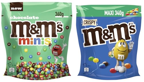 M&M'S 2 Packungen (700g) Minis Chocolate 360g & Crispy 340g - Süßigkeiten, Schokolinsen mit bunter Zuckerhülle, Schokolade von M&M'S