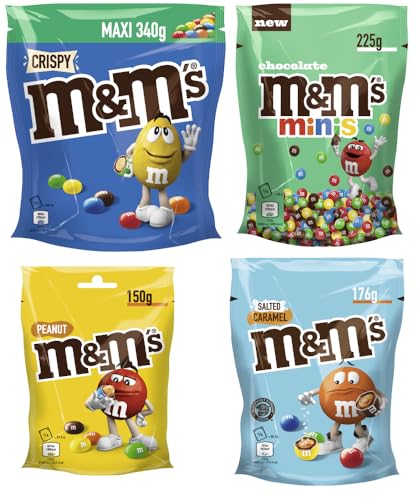 M&M'S 4 Packungen (891g) Crispy 340g, Minis Chocolate 225g, Peanut 150g & Salted Caramel 176g - Süßigkeiten, Schokolinsen mit bunter Zuckerhülle, Schokolade, Erdnüsse, Karamell von M&M'S