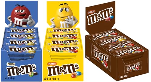 M&M’S Tripple-Mix, 72 Packungen mit drei verschiedenen Sorten - Crispy, Schokolade & Peanut - Süßigkeiten, Schokolinsen in bunten Farben, knackige Hülle, Süßigkeiten Box, Geschenk & Filmabend-Snacks von M&M'S