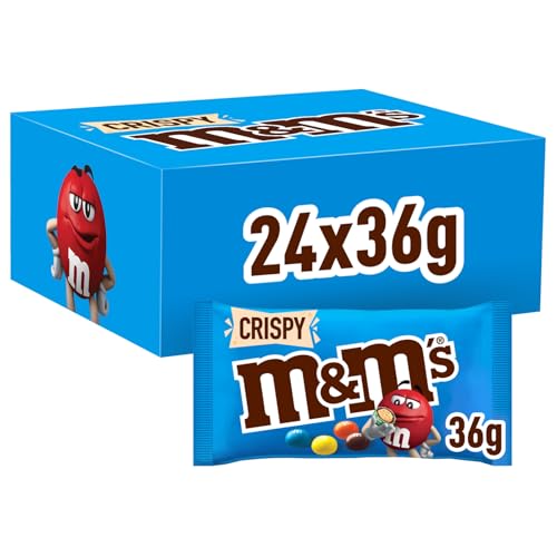 M&M'S Crispy Beutel, kleine Packungen für unterwegs, Schokolinsen mit Knusperkern, Schokolade Großpackung, 24er Pack (24 x 36g) von M&M'S