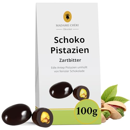 Madame Cheri Schoko Pistazien Zartbitter 100 g – Edle Pistazien in dunkler Schokolade – Schokolierte Antep Pistazien – Aromatische Pistazien umhüllt von veganer belgischer Schokolade von MADAME CHÊRI