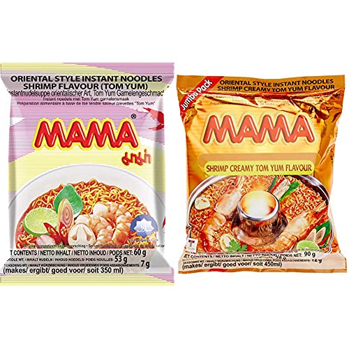 MAMA Instantnudeln Tom Yum mit Shrimpsgeschmack – Instantnudelsuppe orientalischer Art – Authentisch thailändisch kochen – 30 x 60 g & instant nudeln Tom Yum Cremig, 20 x 90 gram von MAMA