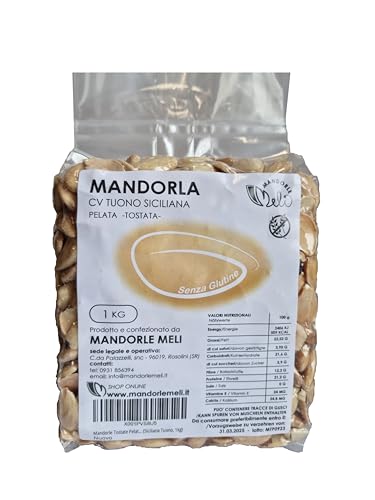 Sizilianische geröstete geschälte Mandeln - Trockenfrüchte Quelle von Vitaminen und Ballaststoffen - Glutenfrei (Siciliana Tuono, 1kg) von MANDORLE MELI