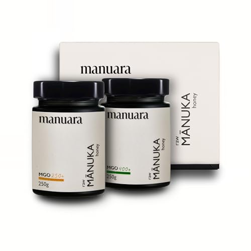 Vorteilspack Original Manuka Honig MGO 250+ und MGO 400+ aus Neuseeland - 2 x 250g im lichtundurchlässigen Glas - laborgeprüft mit zertifiziertem Methylglyoxal-Gehalt von MANUARA