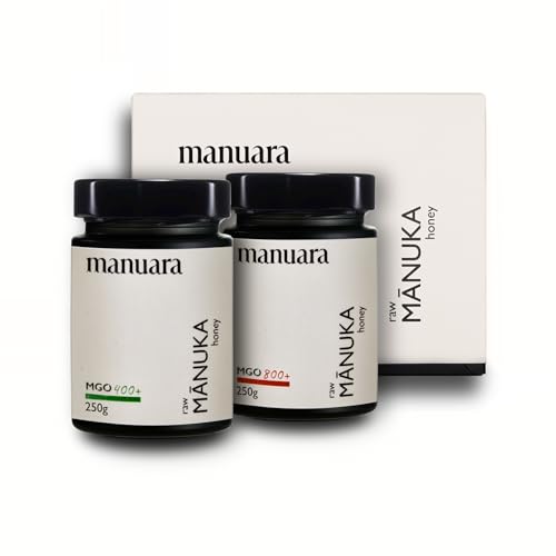 Vorteilspack Original Manuka Honig MGO 400+ und MGO 800+ aus Neuseeland - 2 x 250g im lichtundurchlässigen Glas - laborgeprüft mit zertifiziertem Methylglyoxal-Gehalt von MANUARA