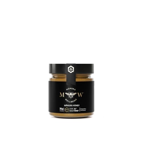 WELLBEING echter Manuka Honig MGO 1000+ | UMF 22+ (75g) im Glas | hergestellt, verpackt und MGO-Gehalt-zertifiziert in Neuseeland | 100% pur von MANUKA M W WELLBEING