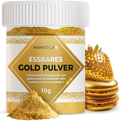 Goldpulver Essbar - 10g Lebensmittelfarbe Gold - Essbarer Glitzer zum Dekorieren - Goldstaub Perfekt für Lebensmittel, Getränke und Kuchen - Vegan und ohne E171 von MARKETIFAR