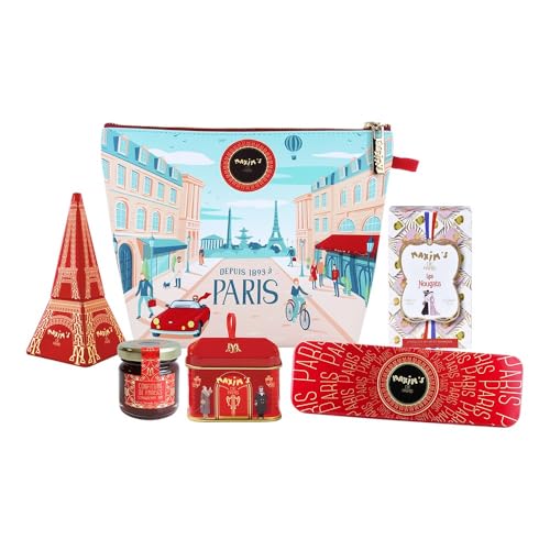 Maxim's De Paris - Bonjour-Geschenkbeutel, Auswahl an französischen Köstlichkeiten im Parisstil: Schokolade, Nougat, Marmelade, Eiffelturm, Blechdose, Bleistift-Box, Mini-Haus-Blechdose von MAXIM'S DE PARIS