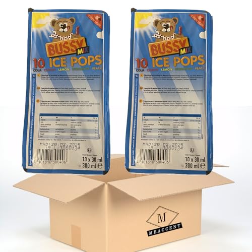 2x Bussy Mix Ice Pops Wassereis Schleck Drinks Kirsche, Pfirsich, Cola, Zitrone, Waldmeister 2 x 10er Pack (2x300ml) = (600ml) + MBAccent Versandschutzpackung von MBAccent