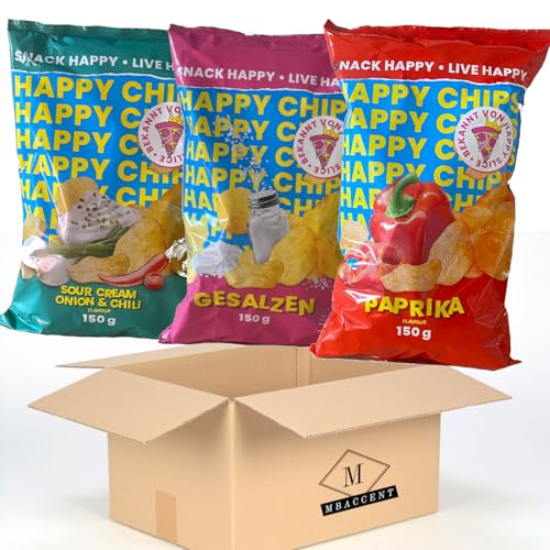 Happy Chips von Knossi und Trymacs, Happy Slice, Set mit je 1x Sour Cream Onion & Chili, Gesalzen, Paprika (3x150g) (450g) + MBAccent Versandschutzpackung von MBAccent