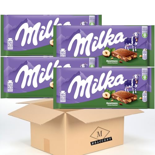 Milka Haselnuss 4 x 100g I Alpenmilch-Schokolade I mit Haselnuss-Stückchen I Milka Nuss-Schokolade aus 100% Alpenmilch I Tafelschokolade (400g) + MBAccent Versandschutzpackung von MBAccent