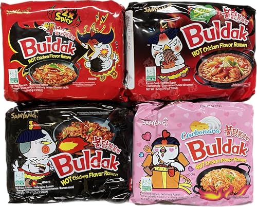 Samyang Hot Spicy Chicken Ramen Nudel 4er Set - 5x Hot Chicken Carbonara (130g) - 5x Hot Chicken (140g) - 5x Hot Chicken 2x Spicy (145g) - 5x Hot Chicken Stew Type (145g) (2800g) von MBAccent