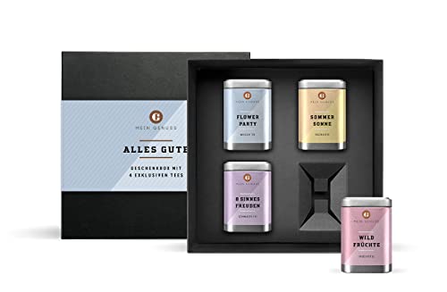 MEIN GENUSS Tee Geschenkbox Alles Gute – Glückwunsch Geschenk für Tee-Trinker – Tee Set mit 4 unterschiedlichen Tee-Sorten aus aller Welt – Wellness Auszeit Geschenk – Tee Probierset von MEIN GENUSS