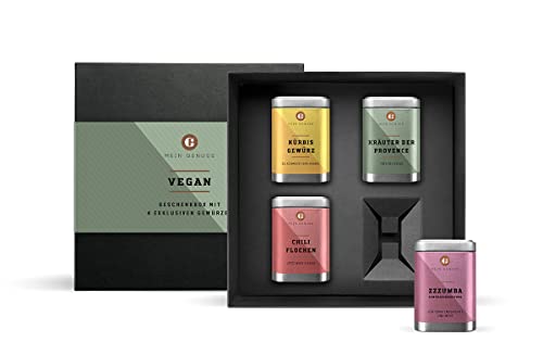 MEIN GENUSS Vegan Gewürz Geschenkbox – 4 hochwertige Gewürze & Mischungen für die vegane Küche – Veganes Feinkost Geschenk – Geschenk für Veganer, Vegetarier und Hobbyköche – Gewürz-Probierset von MEIN GENUSS