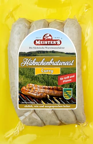 Hähnchen Bratwurst ohne Haut 100% Hähnchenfleisch, Geflügelbratwurst als Currywurst, Bratwürste Curry Bratwurst Geflügel ohne Haut vom Tier (Curry, 200g) von MEISTER'S