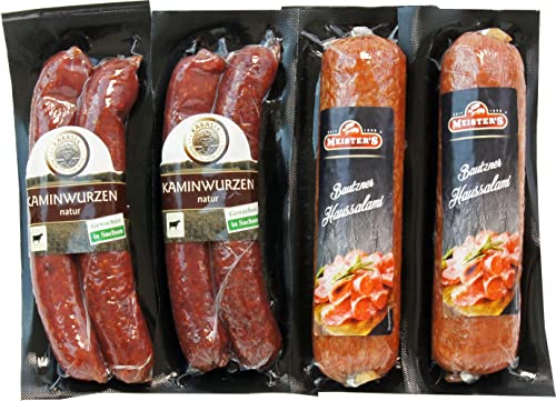 Salami Paket mit Rinderwurst Kaminwurzen und Salami am Stück | Salamis ganze Wurst | Mettwurst geräuchert | Schwein Rind Salami Geschenk verfügbar (2 Haussalami 4 Kaminwurzen) von MEISTER'S