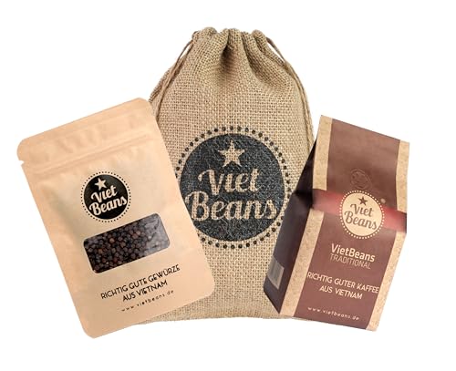 Schlemmerbox VietBeans Kaffee Set geröstete Kaffeebohnen gemahlen | Exklusiver schwarzer Pfeffer ganz von MEISTER'S