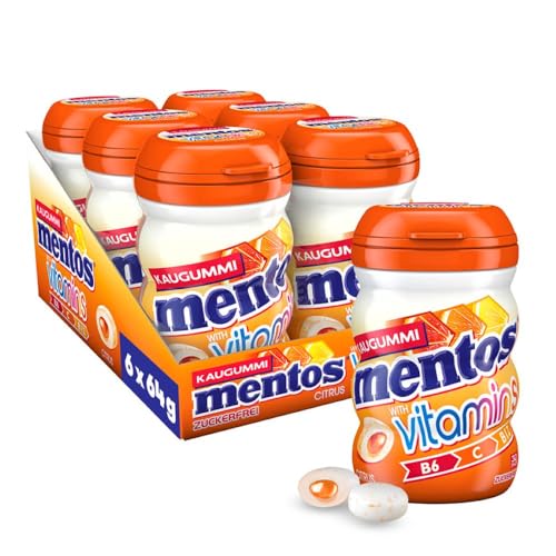 Mentos Kaugummi Vitamins Citrus, 6 Boxen zuckerfreie Chewing Gums mit Citrus-Geschmack, flüssiger Füllung & Vitamin B, B12 & C, Multipack (6 x 32 Stück) von MENTOS