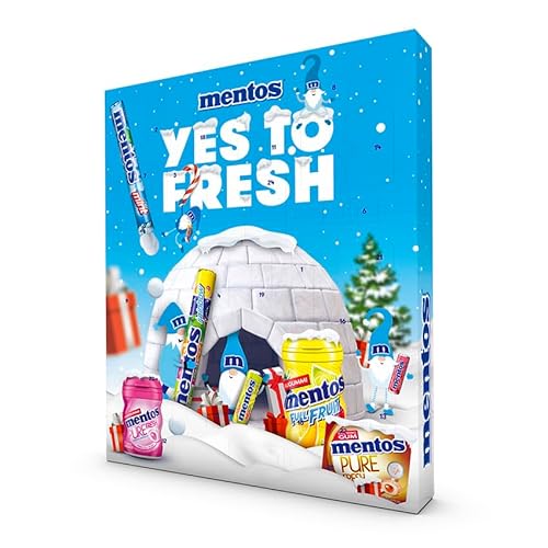 Mentos Adventskalender 2024, 24 Türchen mit einem Mix aus verschiedenen Sorten Kaubonbons und Kaugummi, 1x 444g von MENTOS