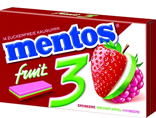 Mentos Chewing Gum "3" Fruity Fresh Erdbeere / Grüner Apfel / Himbeere , 3er Pack (3 x 39,6 g) von MENTOS