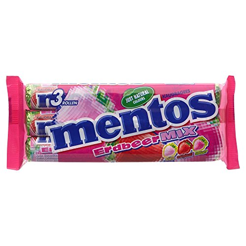 Mentos Erdbeere-Mix süß original sauer, 3 Rollen, 112,5 g von MENTOS