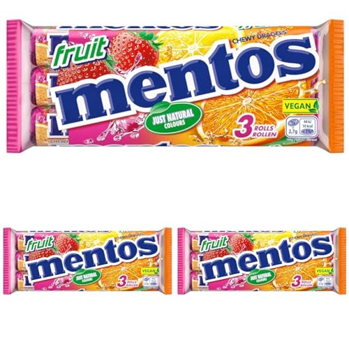 Mentos Fruit Dragees, 3 Rollen Frucht-Bonbons Orange, Zitrone und Erdbeere, Kaubonbons mit fruchtigem Geschmack, Süßigkeiten (3 Rollen à 38g) (Packung mit 3) von MENTOS