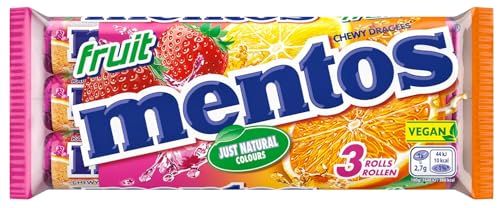 Mentos Fruit Dragees, 3 Rollen Frucht-Bonbons Orange, Zitrone und Erdbeere, Kaubonbons mit fruchtigem Geschmack, Süßigkeiten (3 Rollen à 38g) von MENTOS