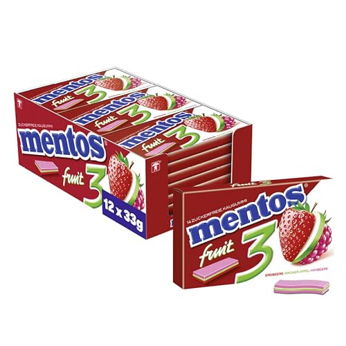 Mentos Kaugummi Fruity Fresh Erdbeere - Grüner Apfel - Himbeere, zuckerfreie Chewing Gum Dragees mit Frucht-Geschmack, 12er Multipack (12 x 33 g) von MENTOS