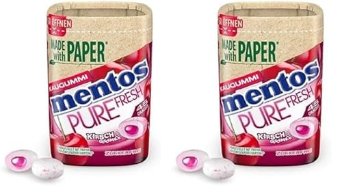 Mentos Kaugummi Pure Fresh Cherry, Papierbox mit zuckerfreien Chewing Gum Dragees mit Kirsch-Geschmack & flüssiger Füllung, 1 x 90g (Packung mit 2) von MENTOS