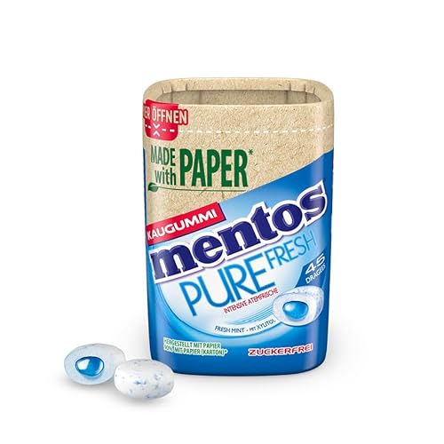 Mentos Kaugummi Pure Fresh Mint, Papierbox mit zuckerfreien Chewing Gum Dragees mit Minz-Geschmack & flüssiger Füllung, 1 x 90g (Packung mit 8) von MENTOS