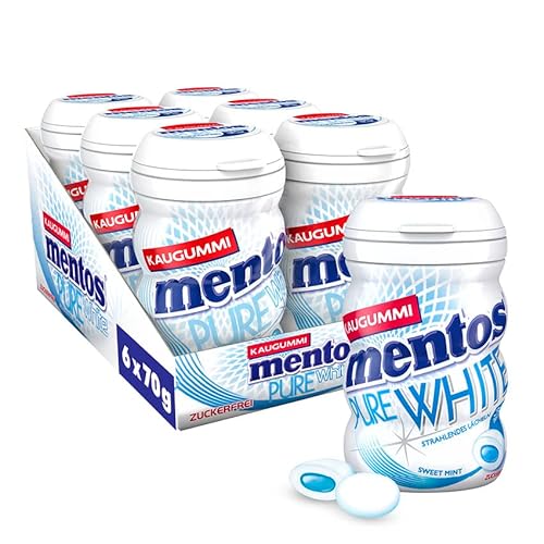 Mentos Kaugummi Pure White Sweet Mint, 6 Boxen zuckerfreie Chewing Gum Dragees mit Pfefferminz-Geschmack & flüssiger Füllung, Multipack (6 x 70g) von MENTOS