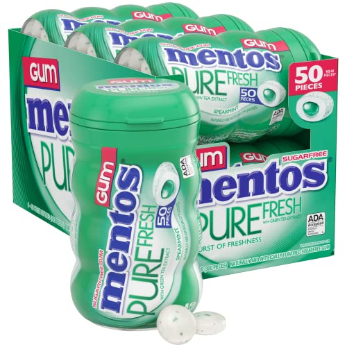 Mentos Pure Fresh zuckerfreier Kaugummi mit Xylitol, grüne Minze, Halloween-Süßigkeiten, Bulk, 50 Stück Flasche (6 Stück) von MENTOS