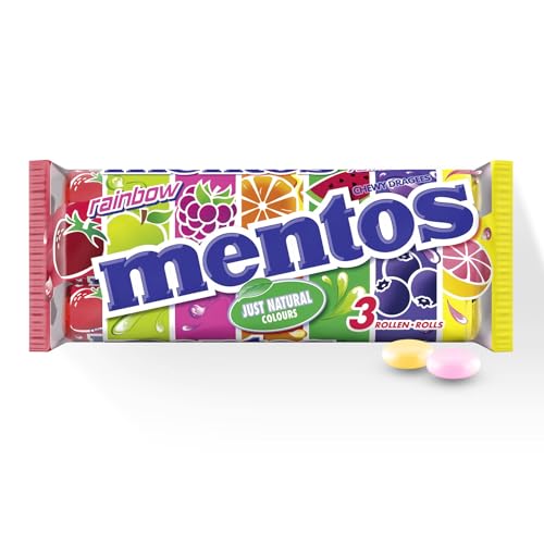 Mentos Rainbow Dragees, Frucht-Bonbons mit Orange, Erdbeer, Apfel, Heidelbeere, Himbeere, Melone und Grapefruit Geschmack, Multipack (3 Rollen à 38g) vegan von MENTOS